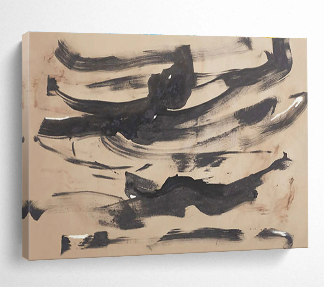 “Ink Wash Abstraction” - Black & Beige Abstract, Minimalist Ink Painting On Canvas DKS735