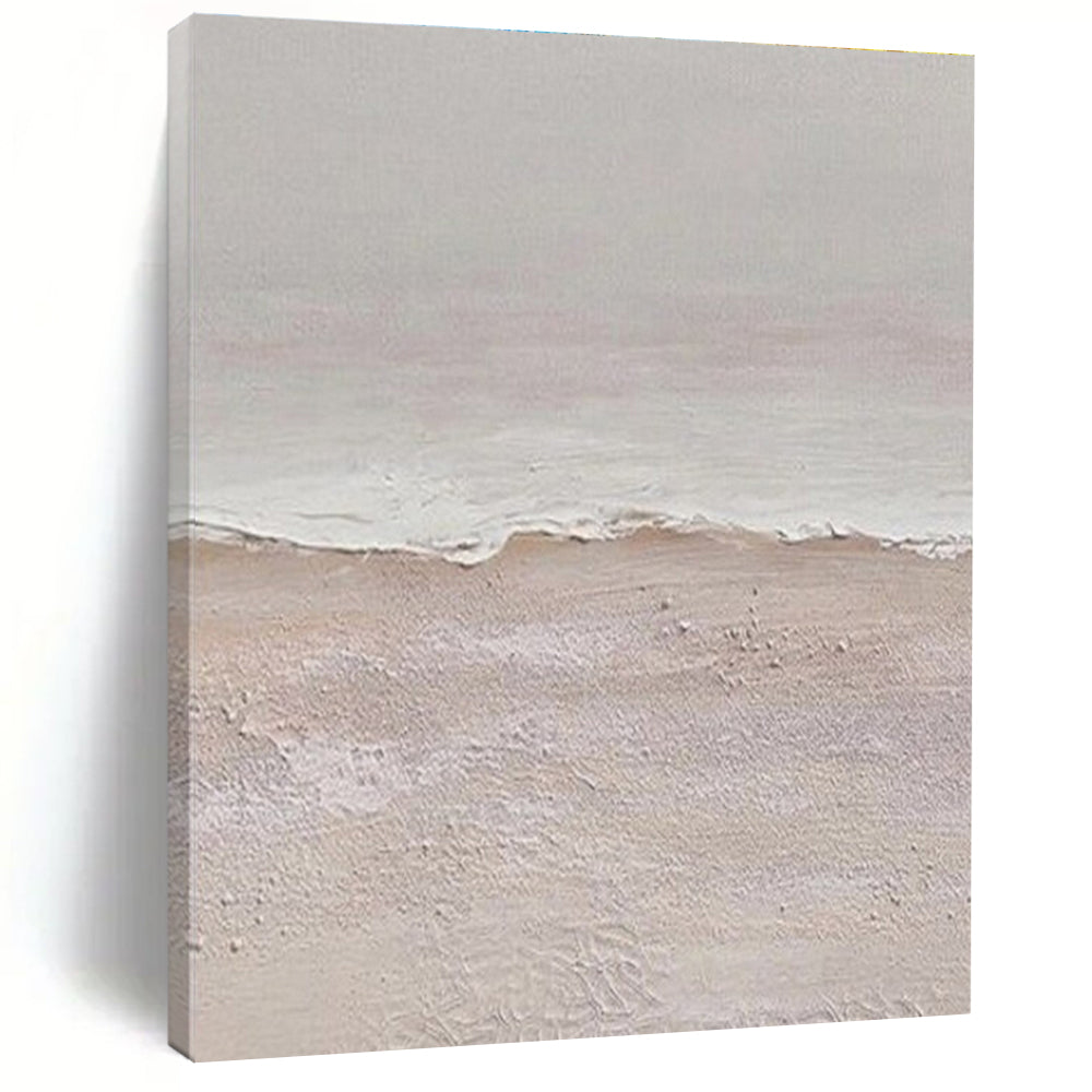 “Textured Beach Shore” - Beige, White Abstract Seascape Painting On Canvas PS0666