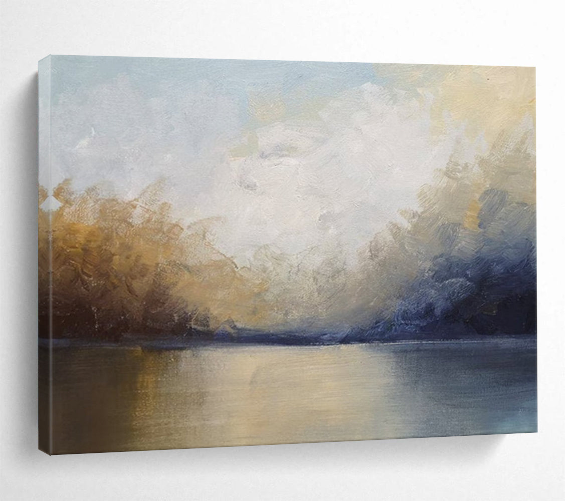 “Soft Lake Reflection in Blues and Golds” - Impressionistic Landscape Painting On Canvas PT041