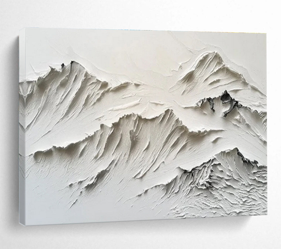 “White Textured Mountain Relief” - Sculptural Abstract Painting On Canvas DKS459