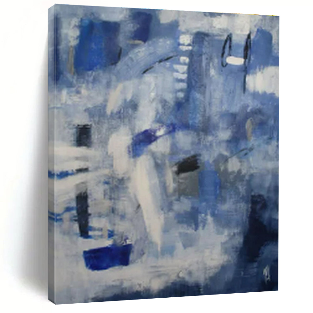 Blue, White, Gray with Dynamic Strokes "Ocean Breeze" Abstract Painting On Canvas PS1419