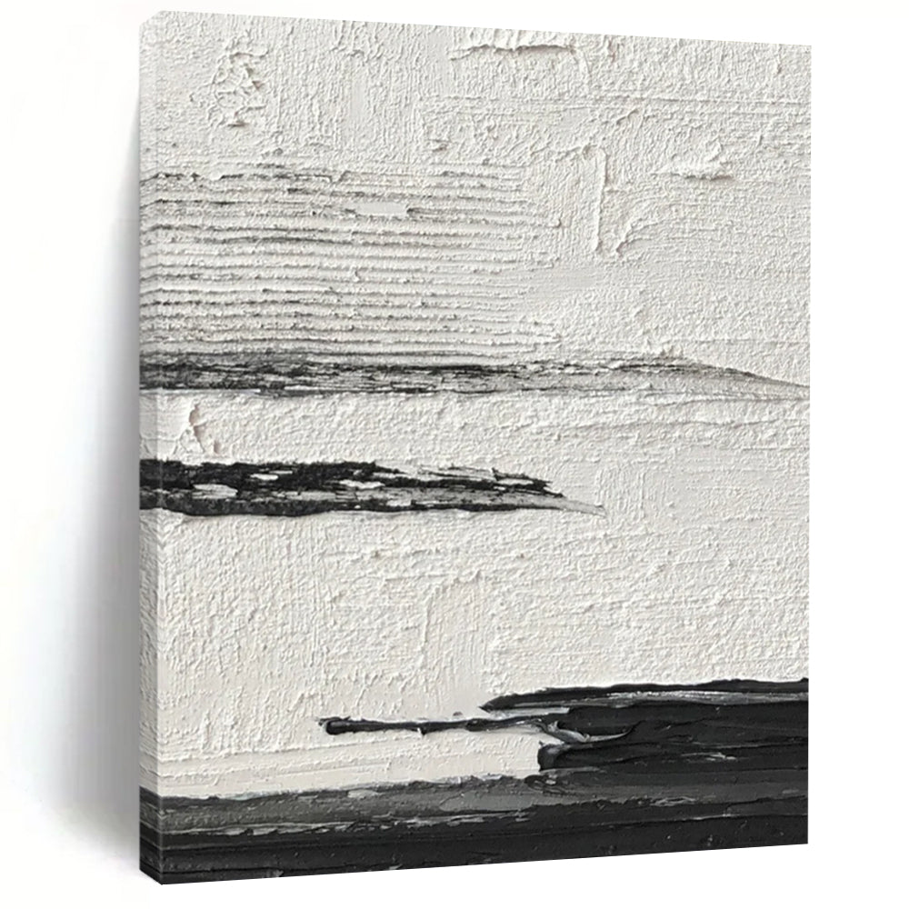 “Textured Black and White Horizons” - Layered Minimalist Painting On Canvas DS369