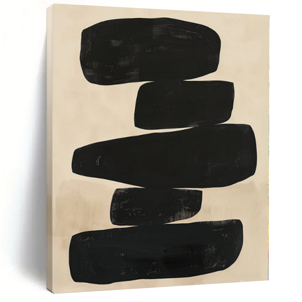 “Stacked Black Abstract Shapes on Beige” - Geometric Abstract Painting On Canvas PS0276