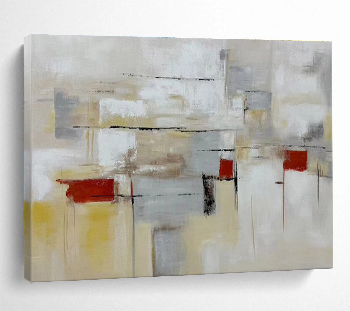 “Neutral - Toned Abstract City” - Gray, Yellow & Red Abstract, Urban - Inspired Oil Painting On Canvas DKS750