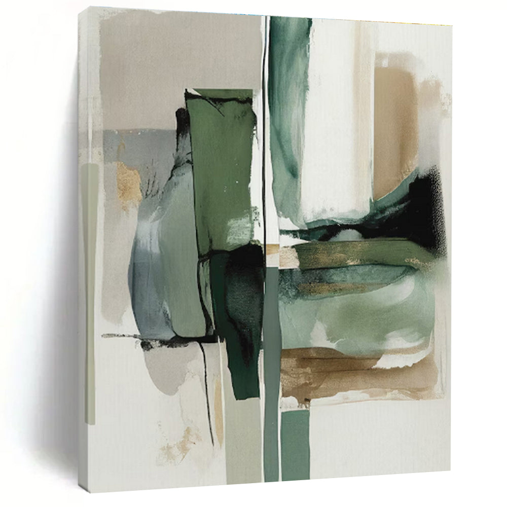 “Green & Gray Abstract Fusion” - Green, Gray, White, Gold Abstract Painting On Canvas PS0763
