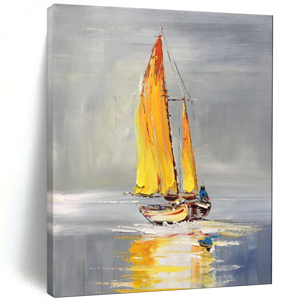 Yellow - Sailed Boat, Minimalist Maritime, Oil Painting On Canvas PT2096