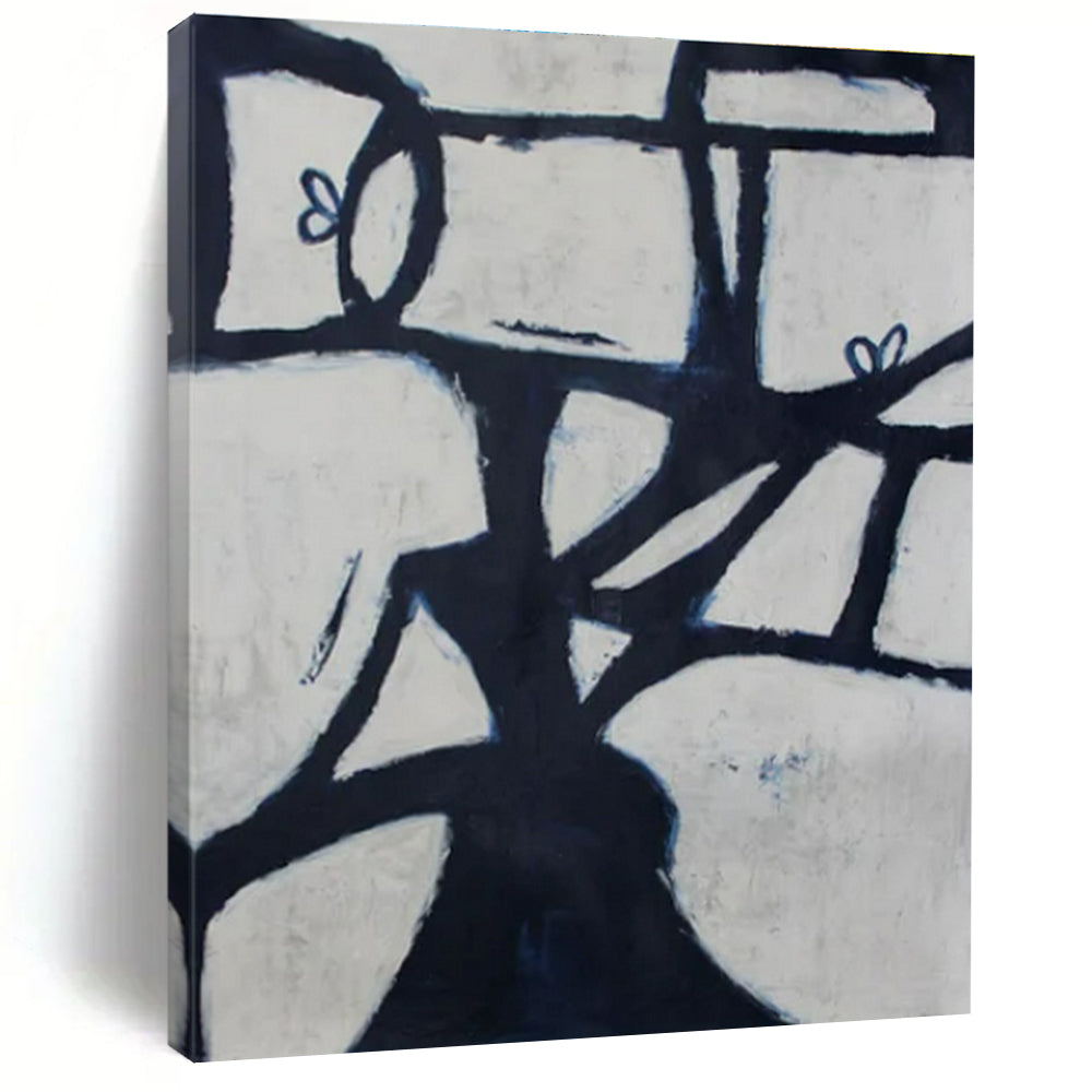 Black, White, Blue with Geometric Forms "Abstract Arbor" Abstract Painting On Canvas PS1418
