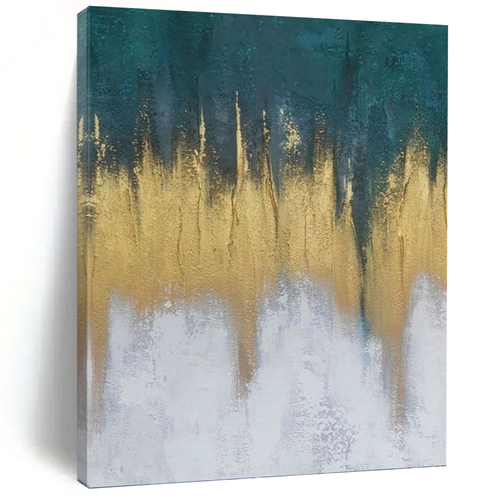 “Teal - Gold - White Drip” - Textured Abstract Painting On Canvas PT1235