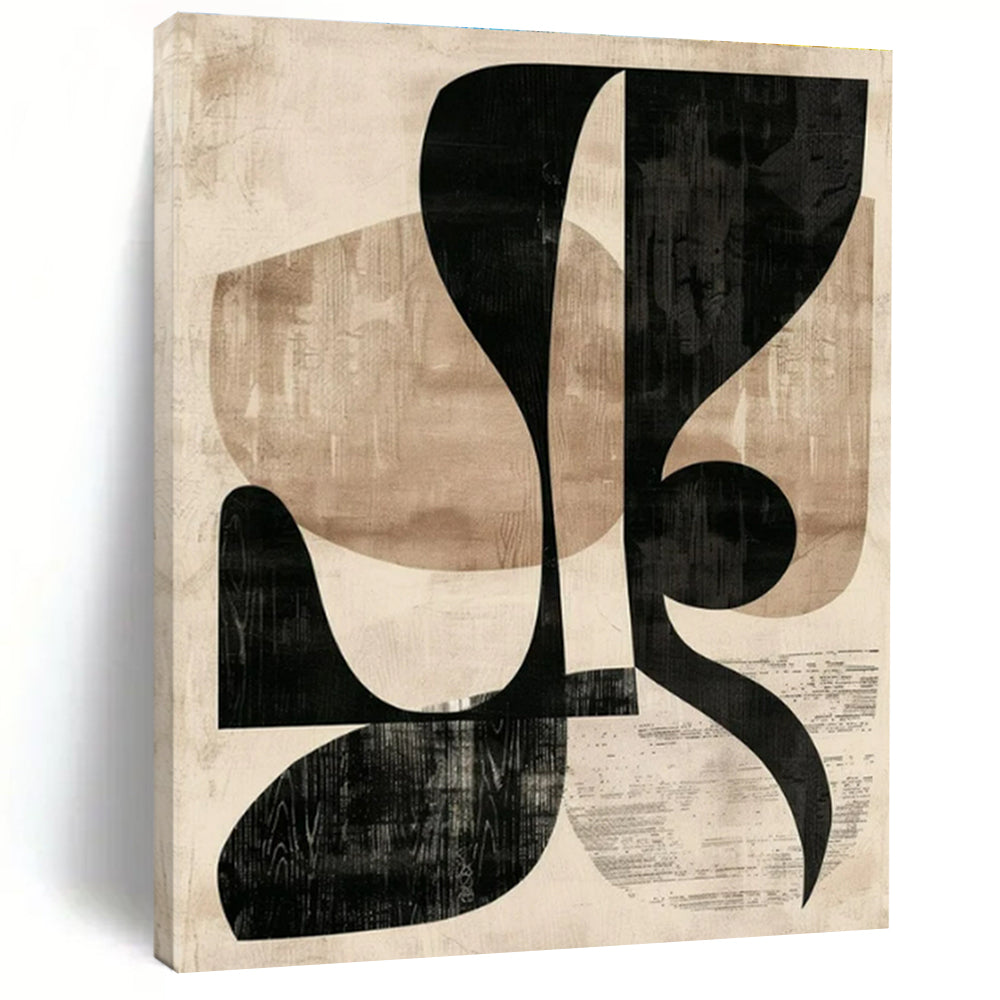 Beige, Black with Layered Shapes "Retro Collage" Abstract Painting On Canvas PS1420