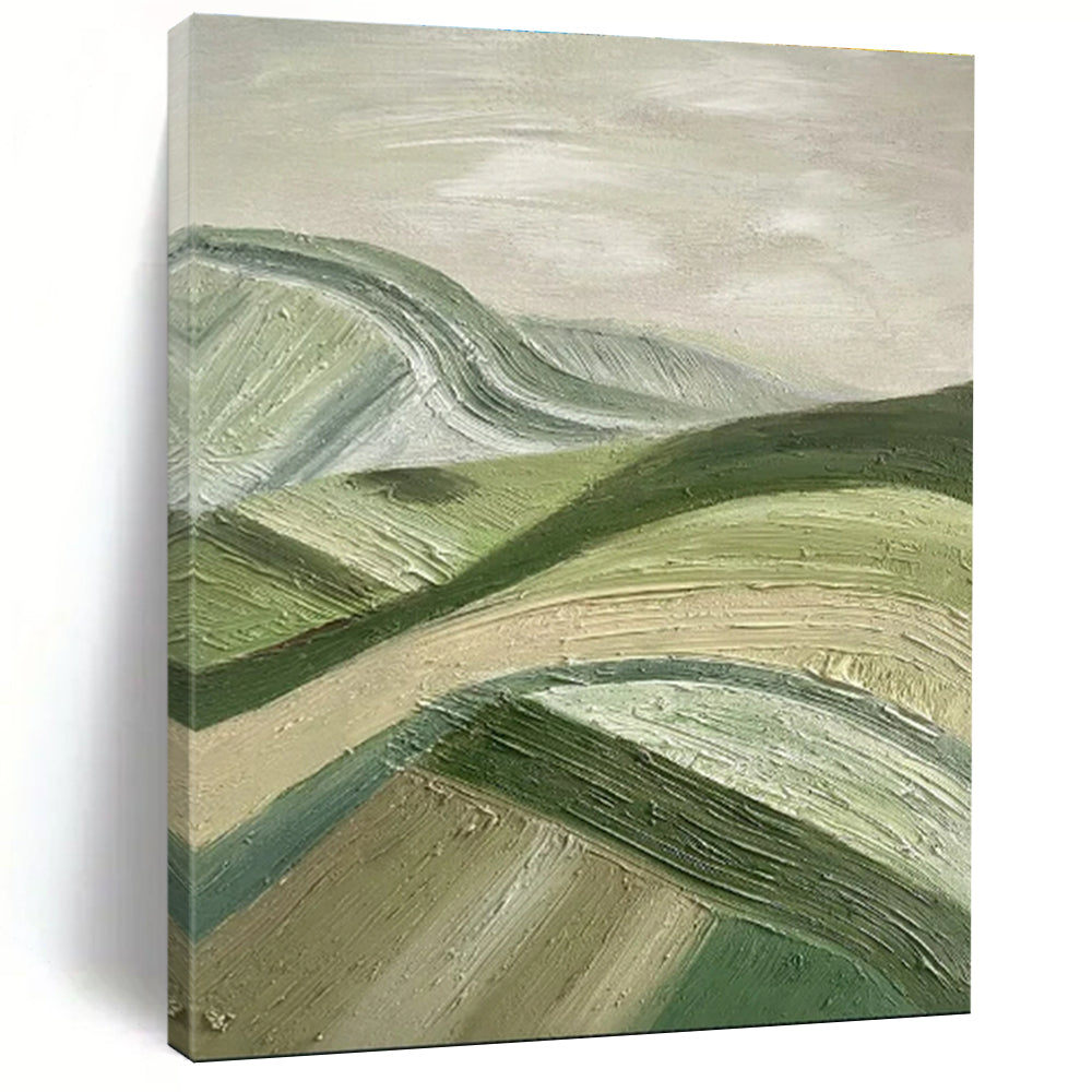Green, Beige with Textured Hills "Rolling Serenity" Abstract Painting On Canvas PS1455
