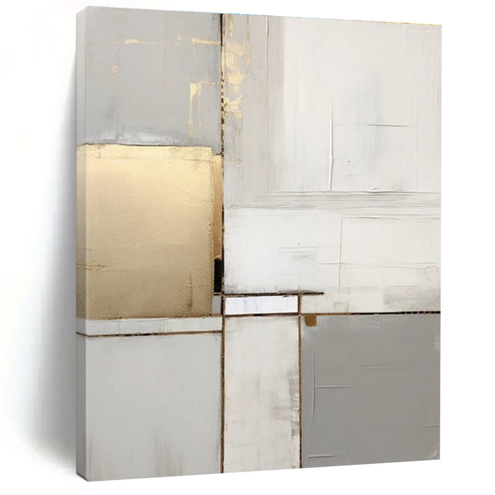Gray, White, Gold with Geometric Layers "Elegant Grid" Abstract Painting On Canvas PS1432