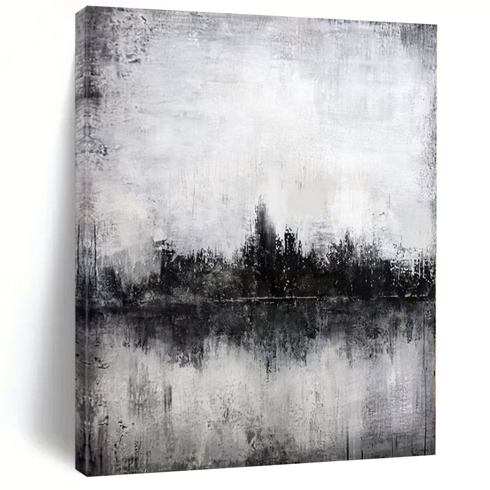 Black, White and Gray with Subtle Landscape Hints "Misty Reflection" Abstract Landscape Painting On Canvas PS1147