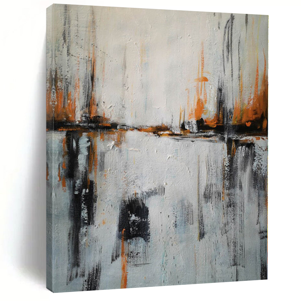 “Orange Reflection” - Gray, Orange Abstract River Scene Painting On Canvas PS0384