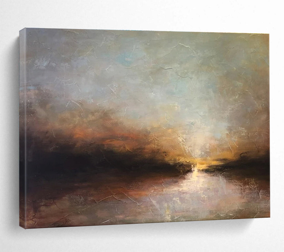 “Sunset River Glow” - Orange, Blue & Gold Landscape, Impressionistic Oil Painting On Canvas DKS774