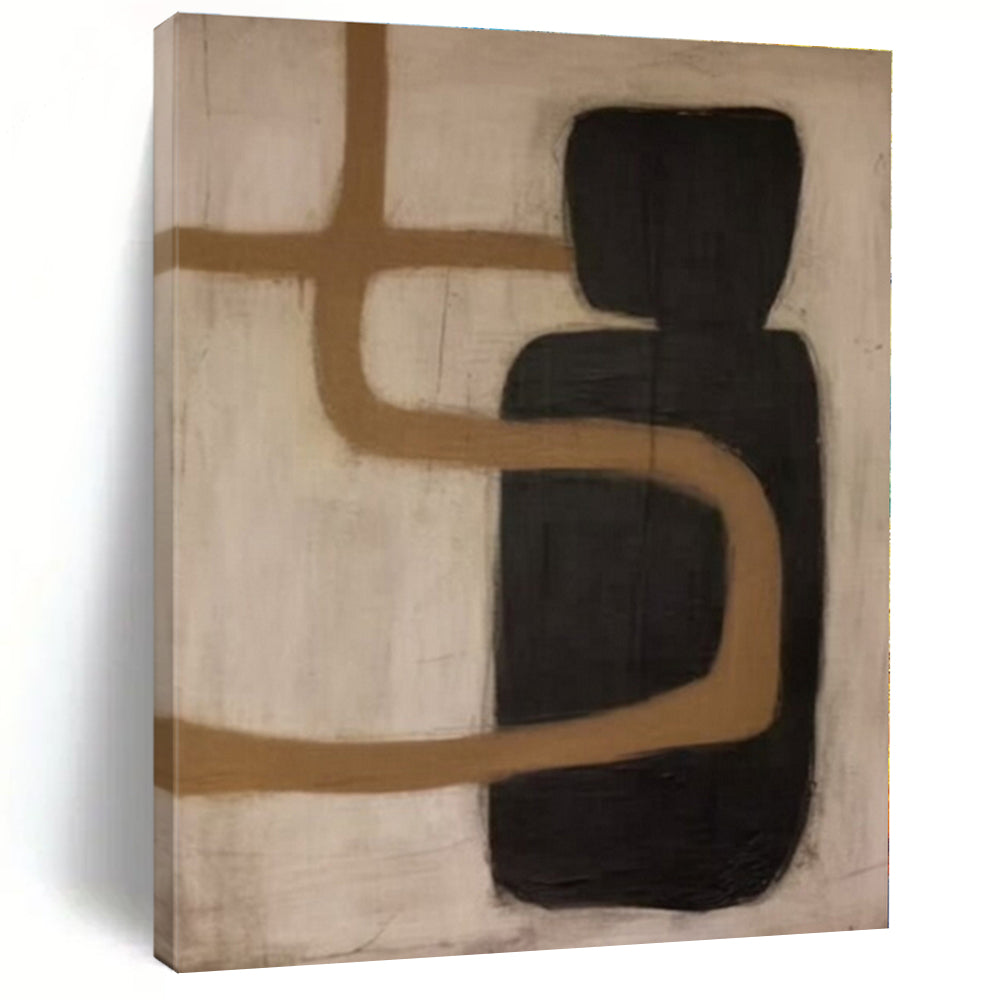Beige, Black, Brown with Curved and Block Forms "Form Fusion" Abstract Painting On Canvas PS1301