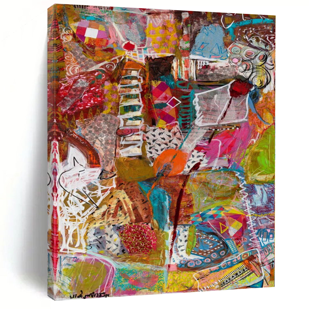 Colorful Collage - Style Abstract "Vibrant Chaos" Mixed - Media Painting On Canvas PS1083