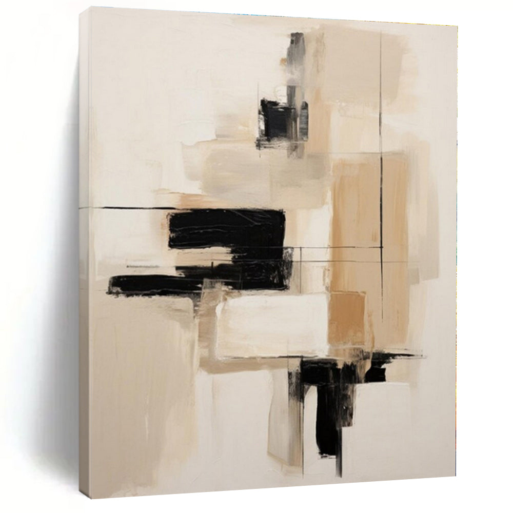 Beige, Black, Gray with Abstract Blocks "Minimalist Structure" Abstract Painting On Canvas PS1296