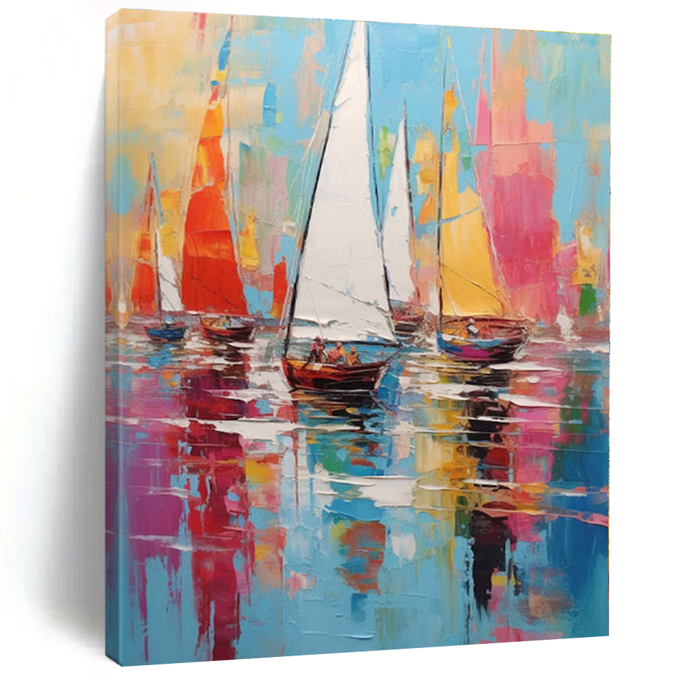 Vivid Colors with Sailboats "Colorful Voyage" Impressionist Painting On Canvas PS1278