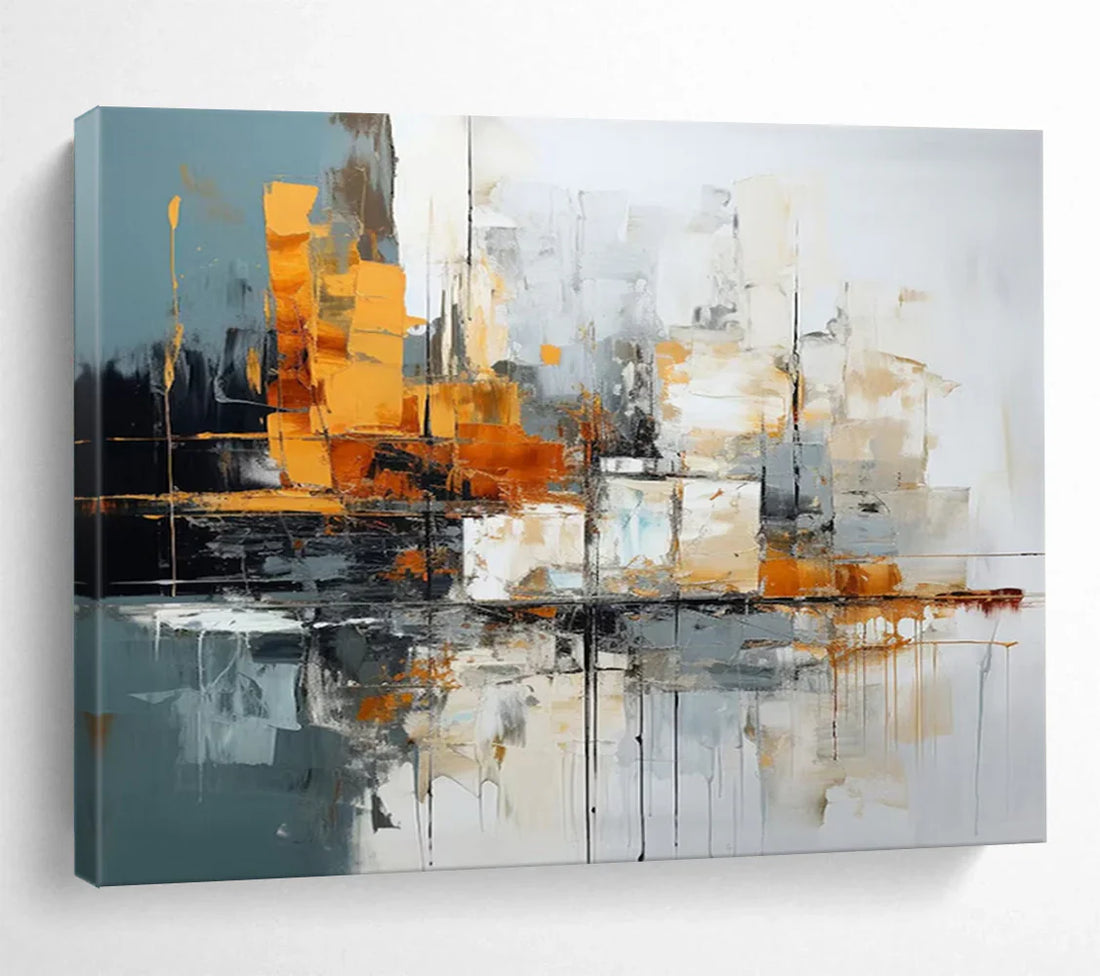 Exploring the Depth and Dynamics of “Gray, Orange & White” – Modern Impasto Urban Painting On Canvas