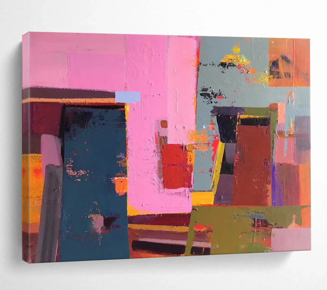 Exploring the Dynamic Energy of “Vibrant Geometric Abstraction in Pink, Blue & Green” – A Colorful Cubist-Inspired Painting on Canvas