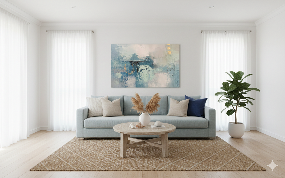 Whispering Horizons: A Comprehensive Appreciation of "Blue, Gray & White Abstract, Minimalist Oil Painting On Canvas DKS757"