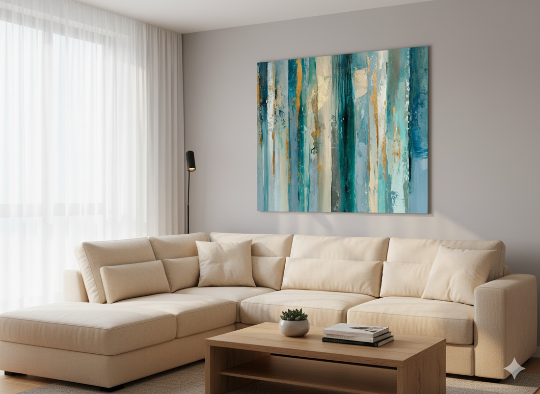 Teal - Blue Stripes & Gold Flecks Abstract Textured Painting PT1715: A Comprehensive Art Appreciation