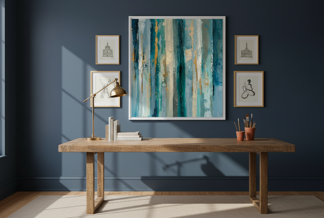 4 Distinct Hanging Techniques for Teal - Blue Stripes & Gold Flecks Abstract Textured Painting PT1715