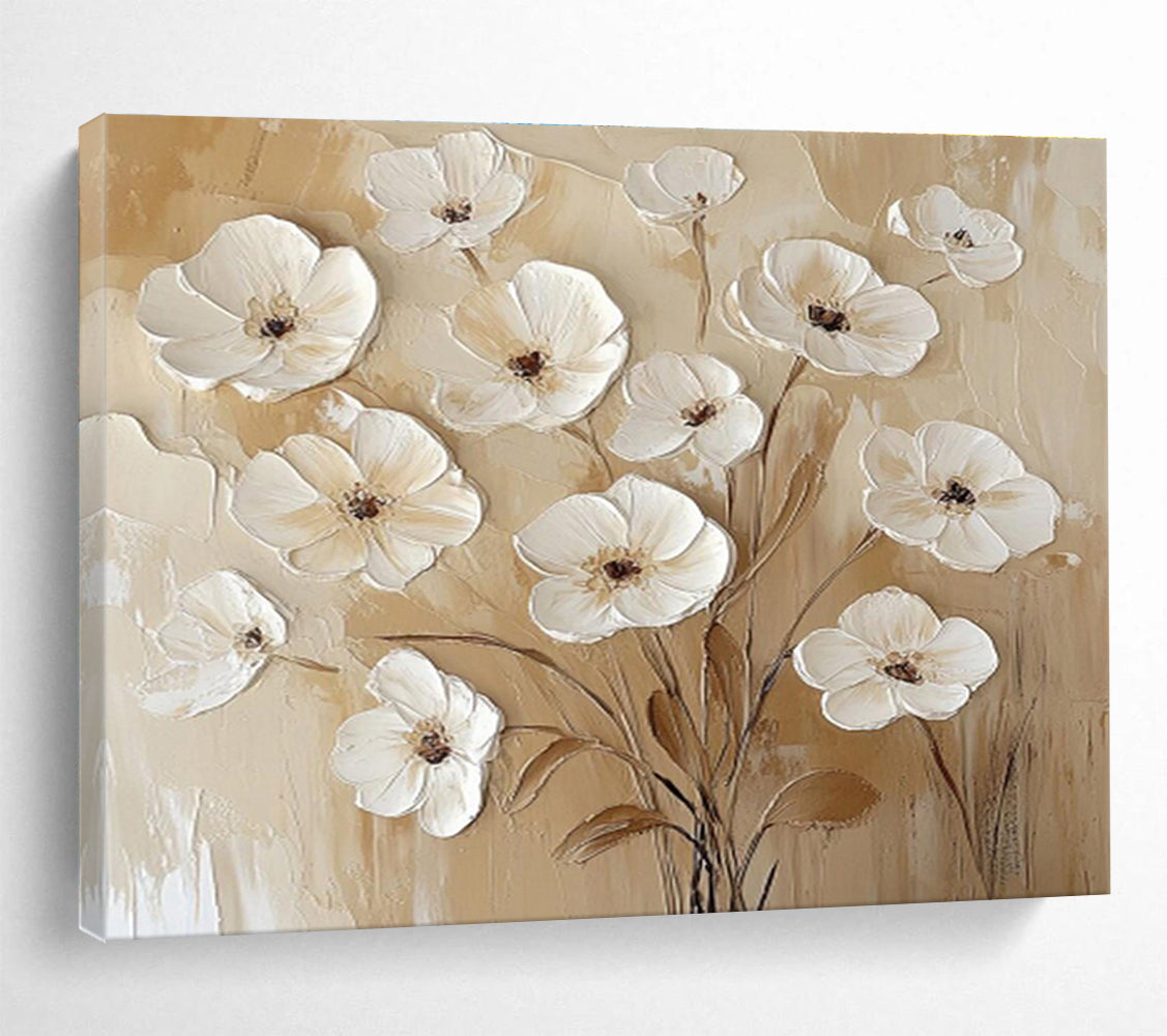 “Beige - White Floral Relief” Painting On Canvas DKS309