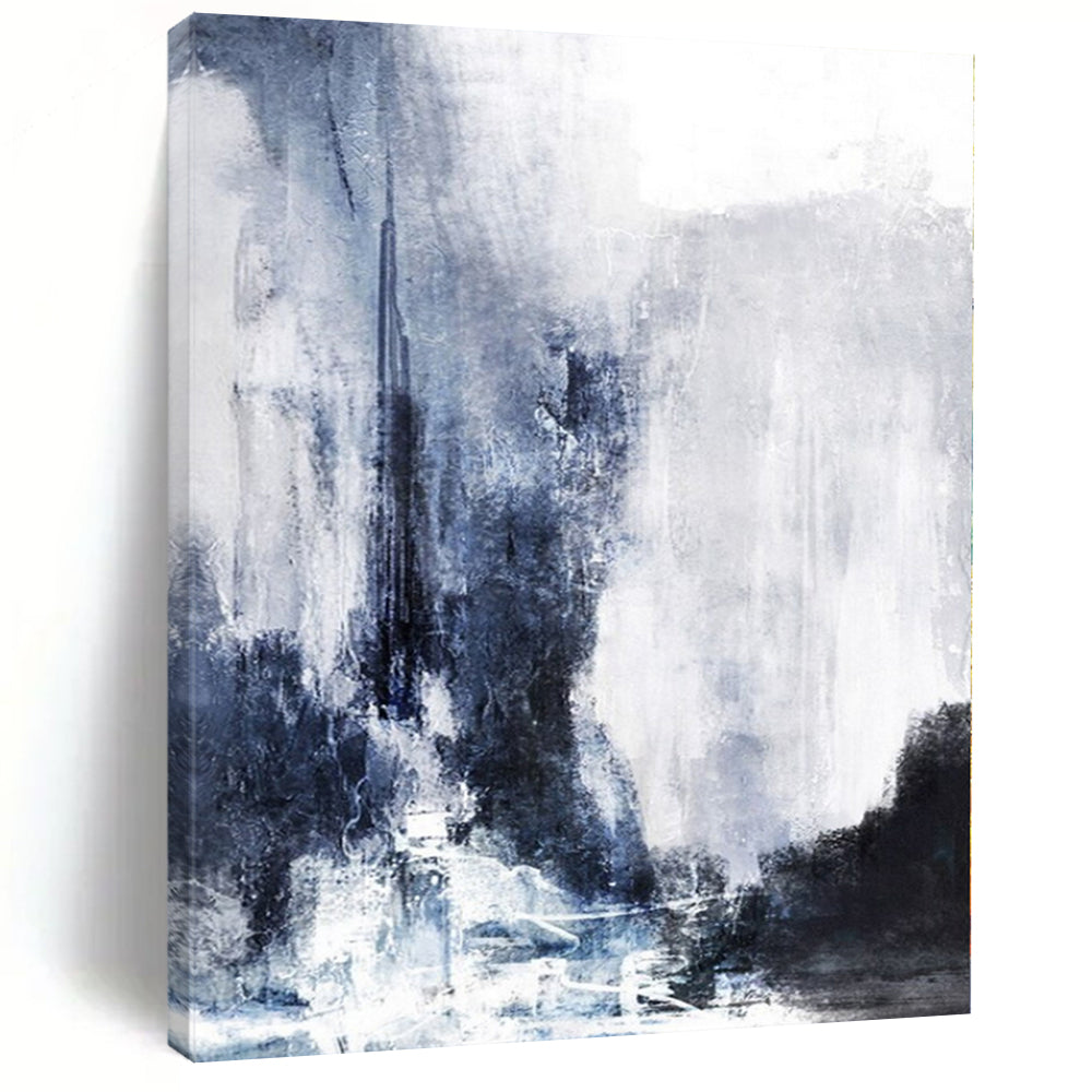 Blue, Gray and White with Moody Textures "Stormy Harbor" Abstract Landscape Painting On Canvas PS1132