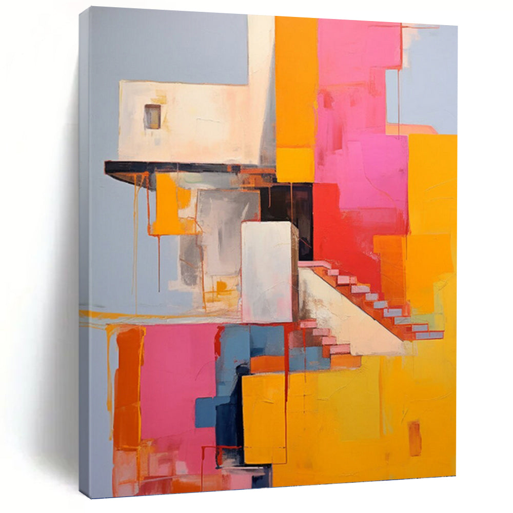“Colorful Architectural Abstract” - Cubist - Inspired Painting On Canvas PT1323