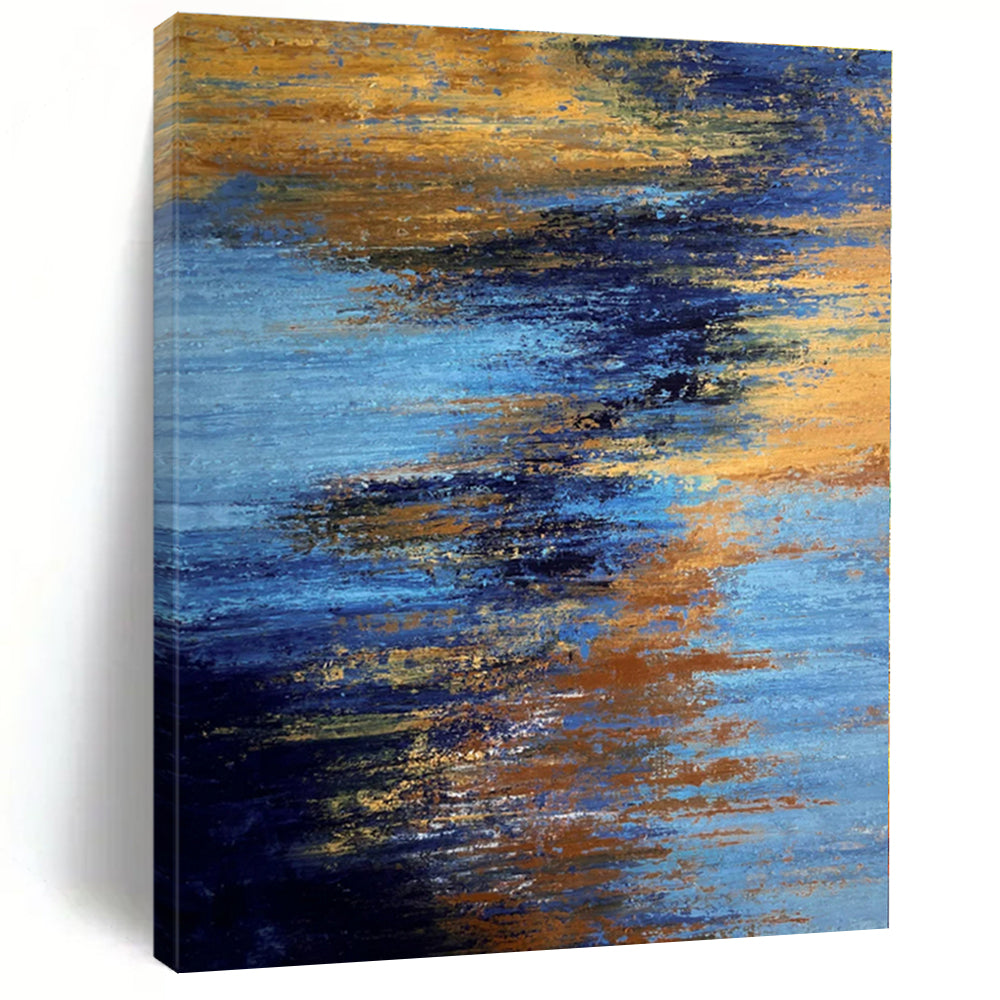 Blue and Gold Abstract Sunset - Textured Color Blends Painting On Canvas PS1234