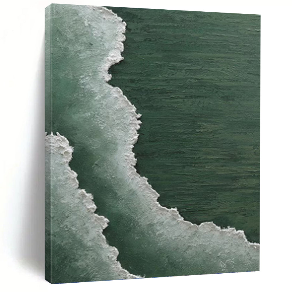 “Green and White Coastal Waves” - Seascape, Green - and - White Painting On Canvas PT1501