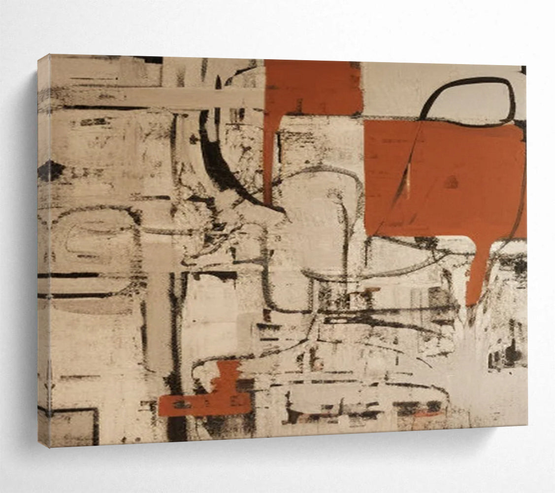 “Rust and Beige Abstract with Black Lines” - Industrial Abstract Painting On Canvas PT099