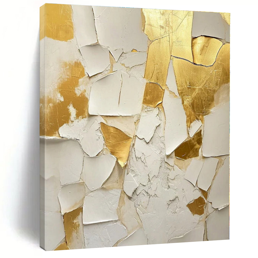 White, Gold with Crackled Textures "Gilded Fragment" Abstract Painting On Canvas PS1381