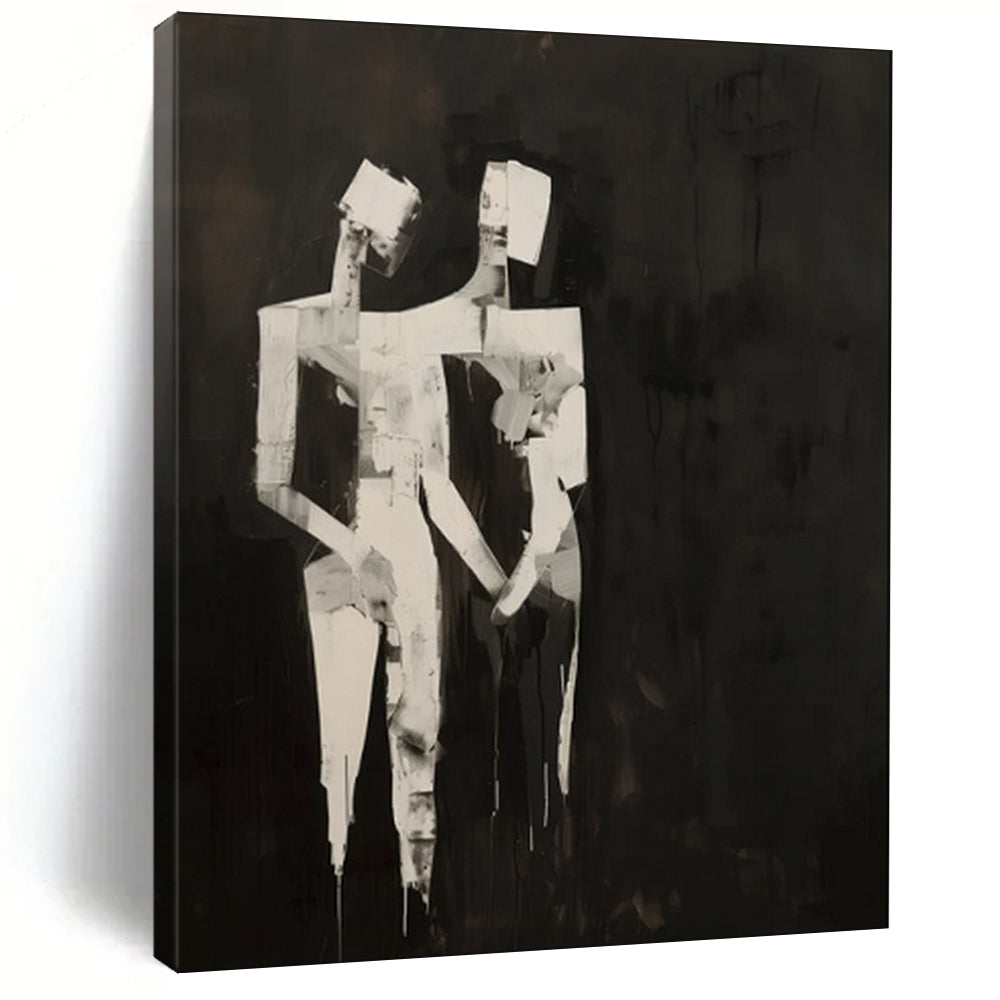 “Abstract Black and White Figures” - Cubist Abstract Painting On Canvas PT1934