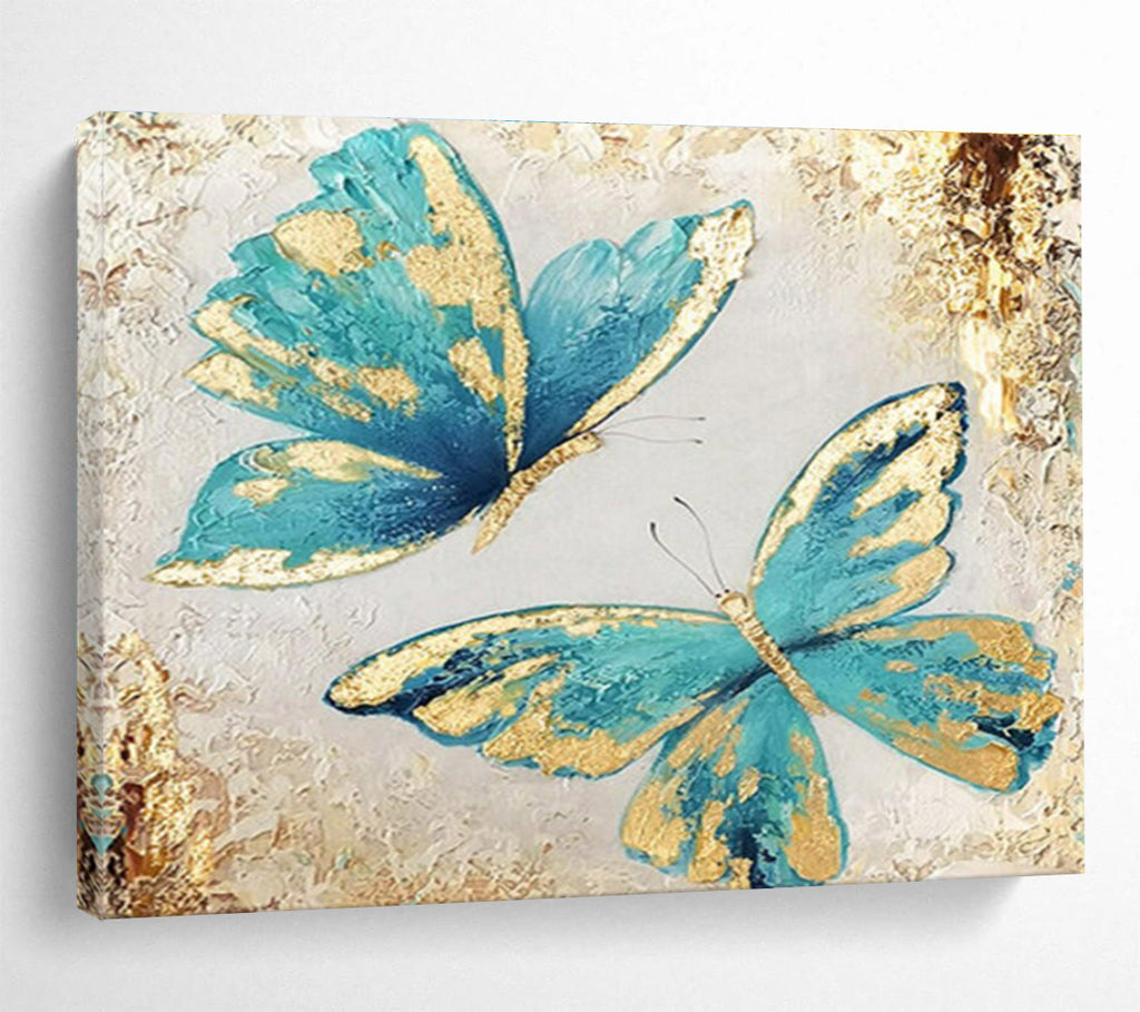 “Blue - Gold Butterfly Duet” - Blue, Gold & White Floral, Decorative Oil Painting On Canvas DKS734