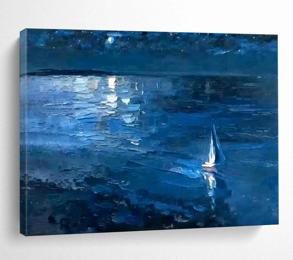 “Blue Night Sea with Sailboat” - Impressionist Seascape - Painting On Canvas PT1784