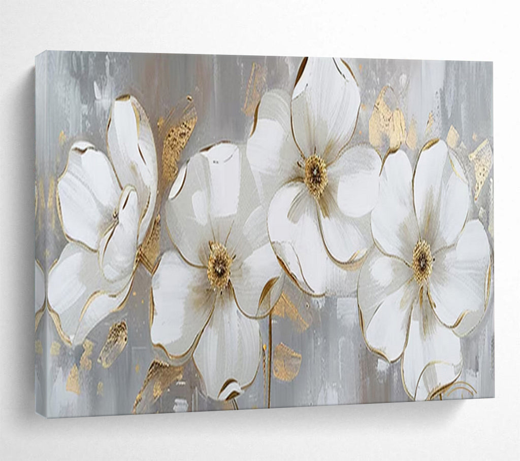 “White - Gold Floral Blooms” - Elegant Flowers “Gilded Garden” Painting On Canvas PT1653