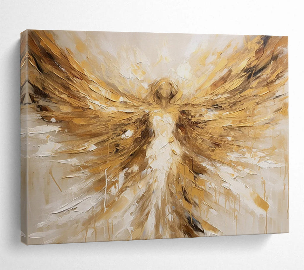“Golden Angel with Outstretched Wings” - Impasto Figurative Painting On Canvas PT082