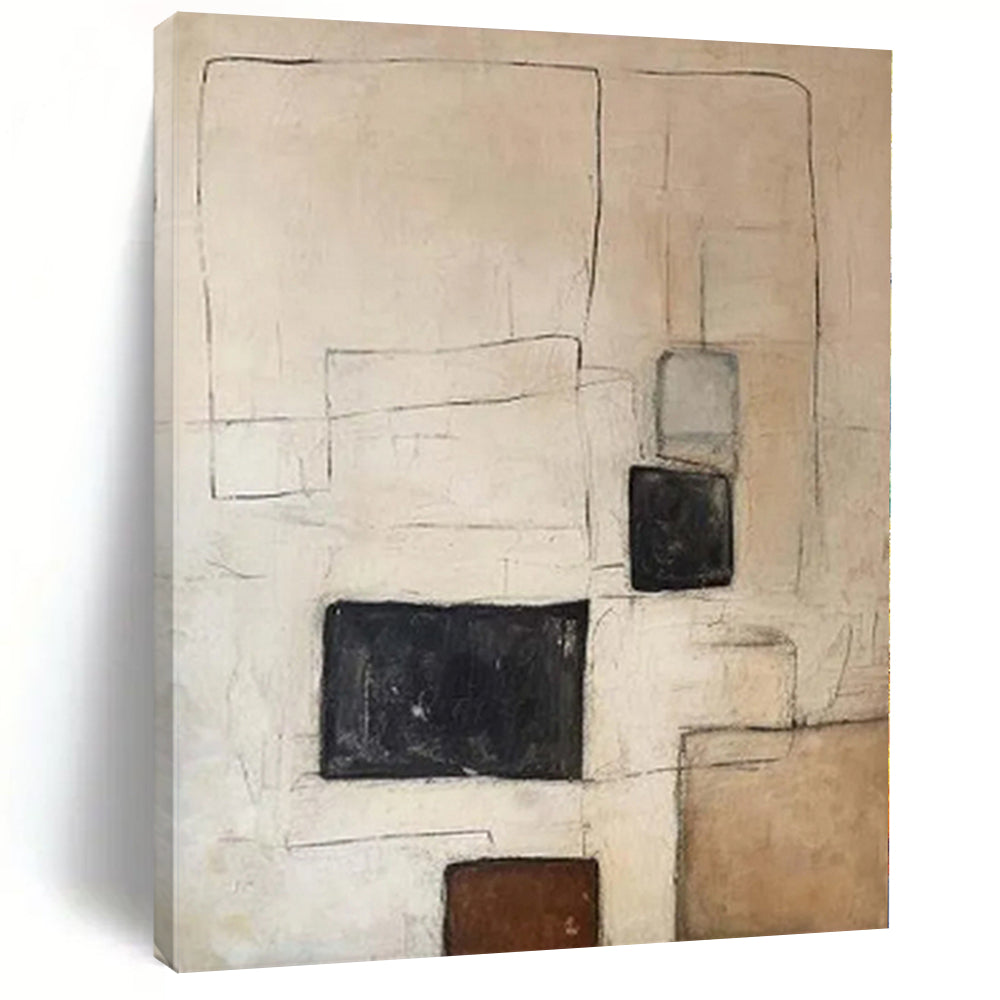 “Beige - Black - Brown Geometric” - Subtle Abstract Painting On Canvas PS0159