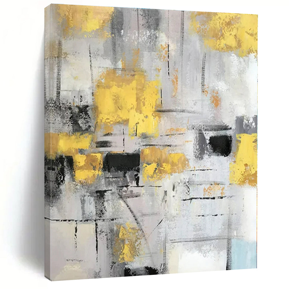 Gray, Yellow, Black with Abstract Blocks "Urban Gleam" Abstract Painting On Canvas PS1314