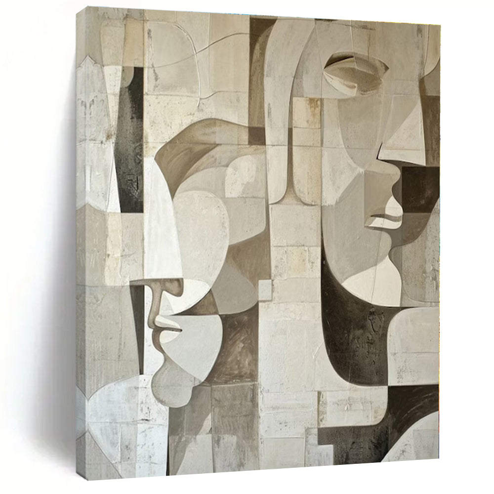 Beige, Gray with Geometric Faces "Cubist Masks" Abstract Painting On Canvas PS1388