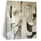 Beige, Gray with Geometric Faces "Cubist Masks" Abstract Painting On Canvas PS1388