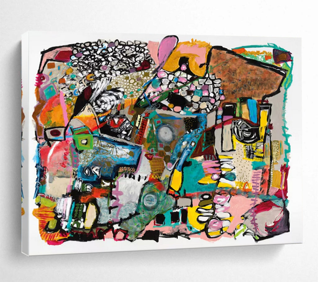 “Colorful Abstract Collage” - Vibrant Mix “Whimsical Mosaic” Painting On Canvas PT1656