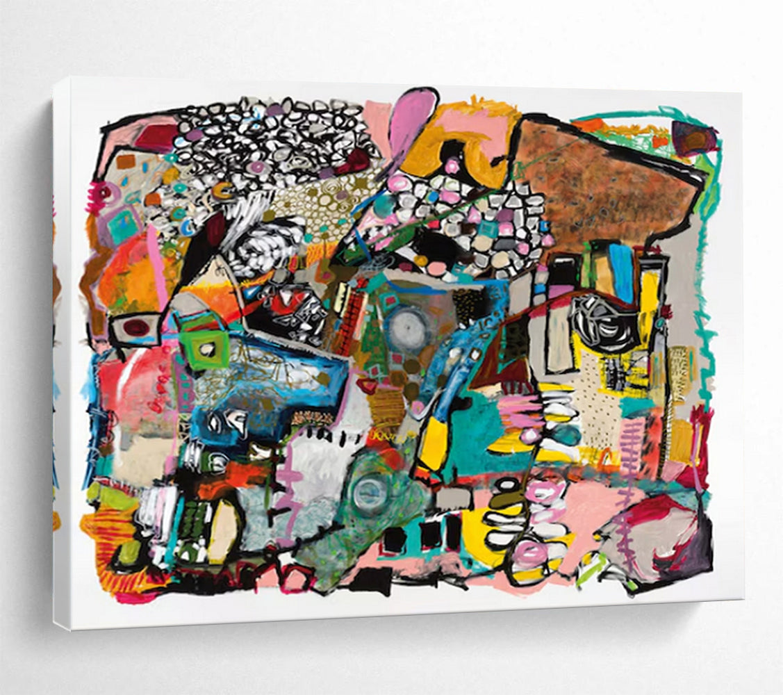 “Colorful Abstract Collage” - Vibrant Mix “Whimsical Mosaic” Painting On Canvas PT1656