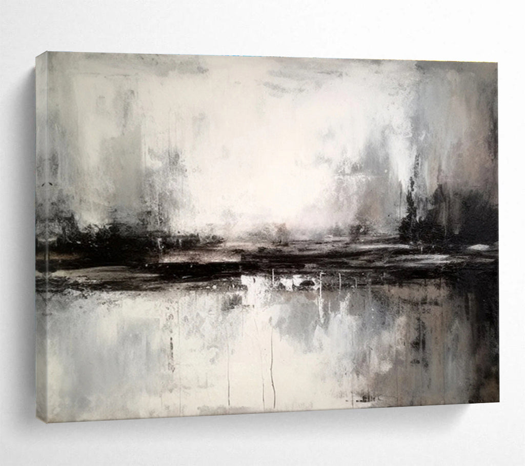 Monochrome Misty Waterscape - Atmospheric Abstract Painting On Canvas DKS342