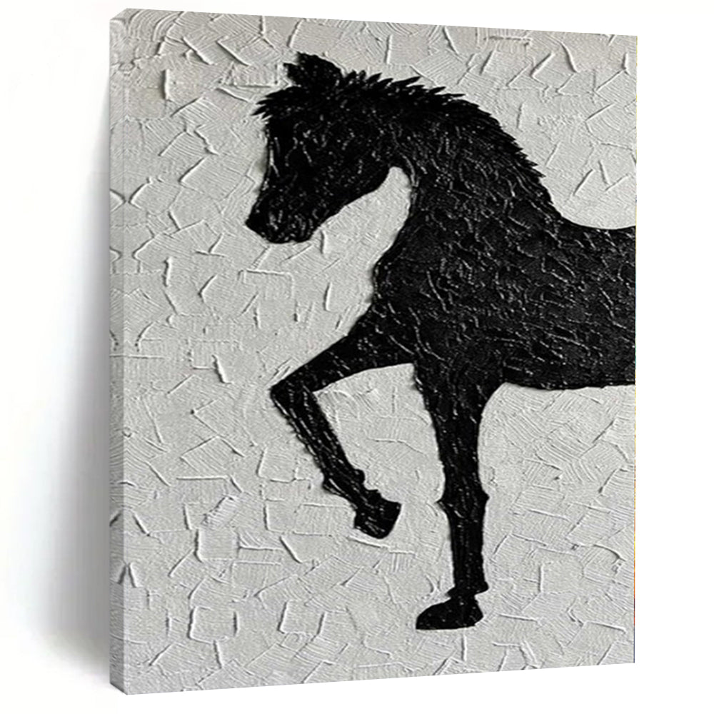 Textured Black Horse Silhouette on White "Equestrian Impression" Mixed - Media Painting On Canvas PS1079