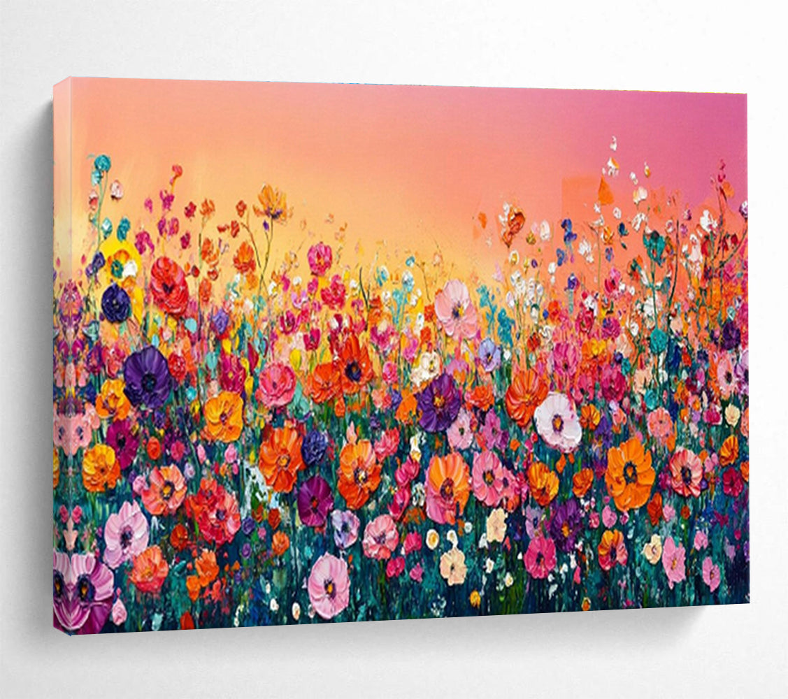 Rainbow Meadow - Vibrant Floral Oil Painting, Great for Game Room & Outdoor Lounge DKS680