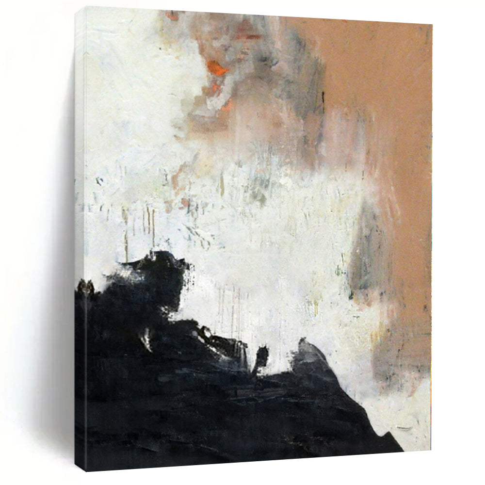Black, White, Orange and Beige with Dynamic Textures "Fiery Dawn" Abstract Painting On Canvas PS1153