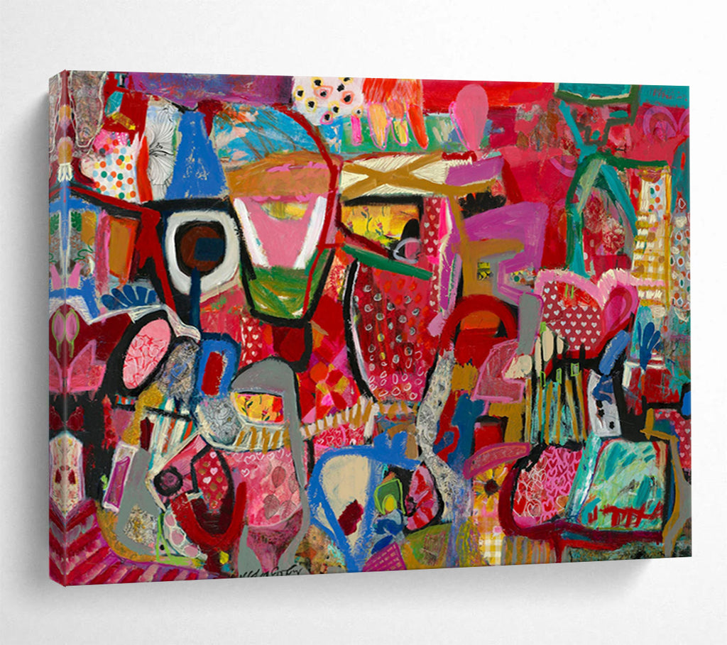 “Pink - Red Abstract Carnival” - Colorful Figurative Painting On Canvas PT239